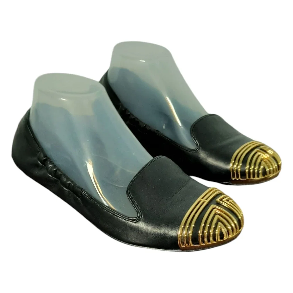 Tory Burch Charlee Black Leather Gold Toe Ballet Flat Shoes Size 7.5 Slip On